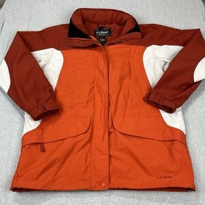 LL Bean Rain Windbreaker Jacket Women's L Orange Red Nylon Repel Hooded‎ Zip